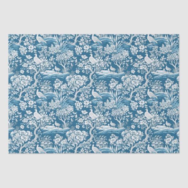 Blue Toile de Jouy-inspired Floral Tissue Paper (Front)