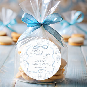Blue Toile de Jouy Nursery Baby Shower Thank You  Classic Round Sticker