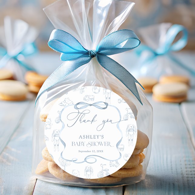 Blue Toile de Jouy Nursery Baby Shower Thank You  Classic Round Sticker (Creator Uploaded)