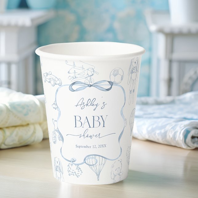 Blue Toile de Jouy Nursery Boy Baby shower Paper Cups (Creator Uploaded)
