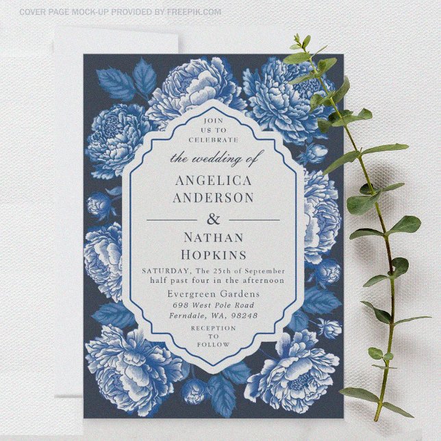 Blue Toile De Jouy Peony Invitation Floral Wedding (Creator Uploaded)