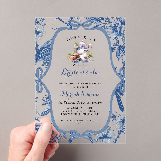 Blue Toile de jouy Tea Party Bridal shower Acrylic Invitations (Insitu (Handheld))