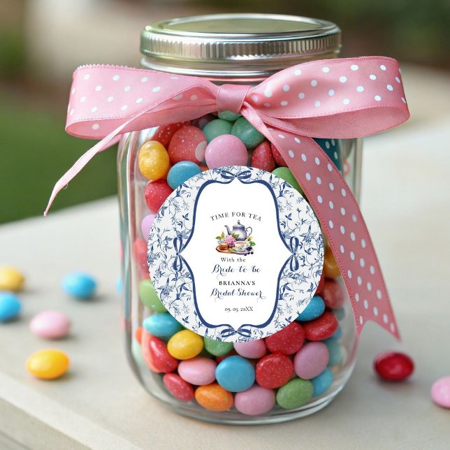 Blue Toile de jouy Tea Party Bridal shower Classic Round Sticker (Creator Uploaded)