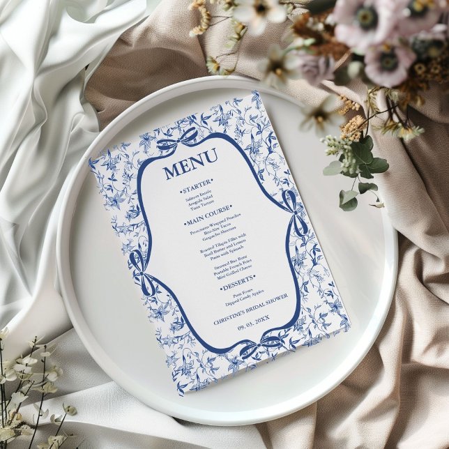 Blue Toile de jouy Tea Party Bridal shower  party  Menu (Creator Uploaded)