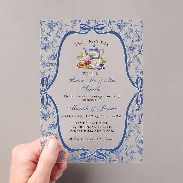Blue Toile de jouy Tea Party Engagement  Party Acrylic Invitations (Insitu (Handheld))