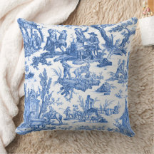 Blue Toile de Jouy Throw Pillow