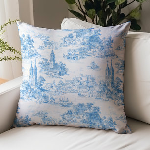 Blue Toile de Jouy Village Landscape Pattern Cushion