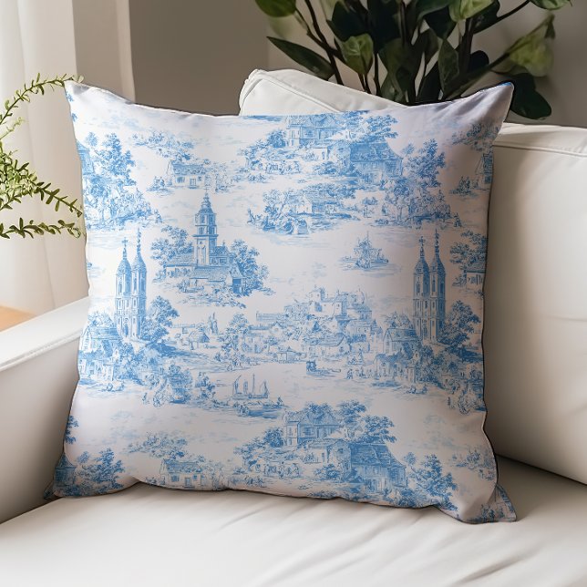 Blue Toile de Jouy Village Landscape Pattern Cushion (Creator Uploaded)
