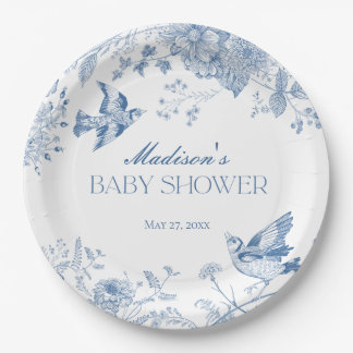 Blue Toile De Jouy Vintage Floral Baby Shower Paper Plate