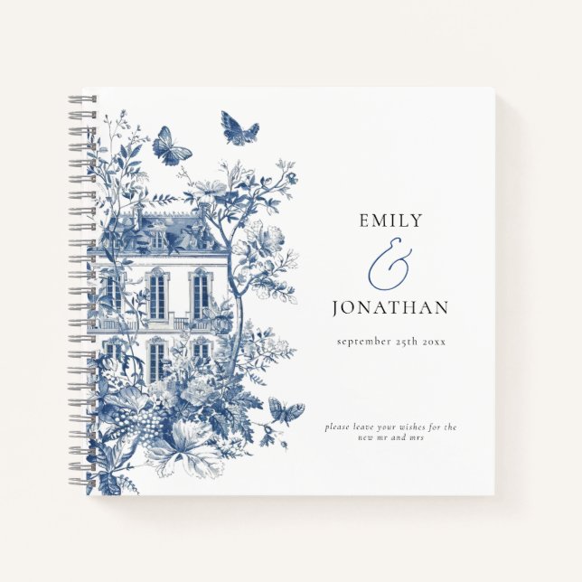 Blue Toile De Jouy Wedding Guest Book (Front)