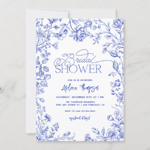 Blue Toile Elegant Modern Script Bridal Shower Invitation