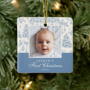 Blue Toile First Christmas Photo Ornament
