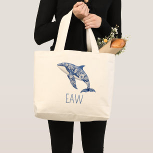 Blue Toile Floral Beach Dolphin Personalised Large Tote Bag