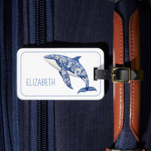 Blue Toile Floral Beach Dolphin Personalised Luggage Tag