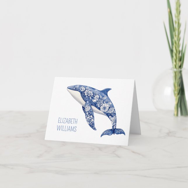 Blue Toile Floral Beach Dolphin Personalised Note Card (Front)