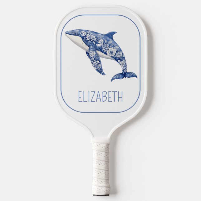 Blue Toile Floral Beach Dolphin Personalised Pickleball Paddle (Front)