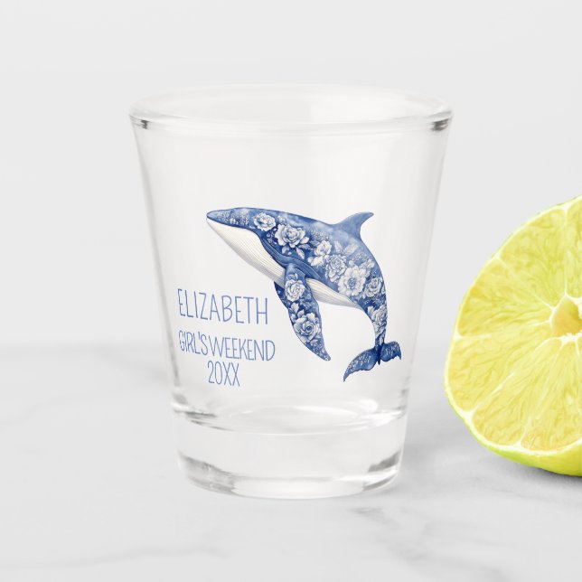 Blue Toile Floral Beach Dolphin Personalised Shot Glass (Front)