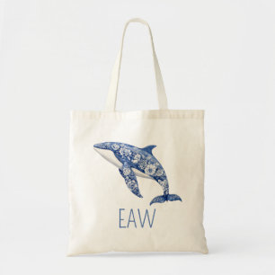Blue Toile Floral Beach Dolphin Personalised Tote Bag