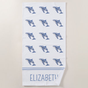 Blue Toile Floral Beach Dolphin Personalised Towel