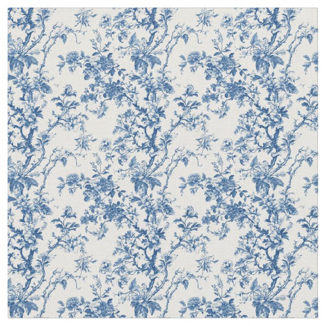 Blue Toile Floral Branches Fabric (Close Up)