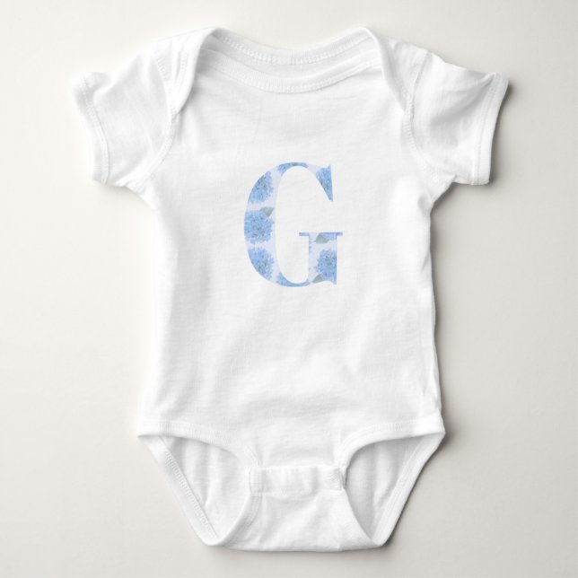 Blue Toile Floral Hydrangea "G" One-Sie Baby Bodysuit (Front)