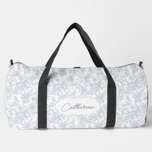 Blue Toile Floral Lace Personalised Duffle Bag (Front)