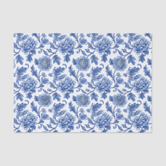 Blue Toile Floral Pattern Tissue Paper (Front)