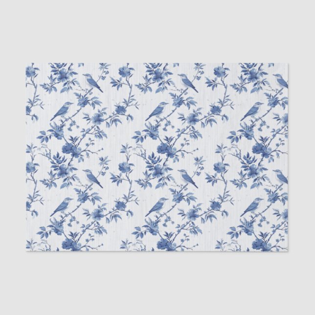 Blue Toile Floral Pattern with Birds Tissue Paper (Front)