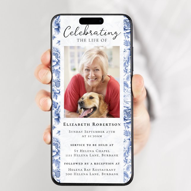 Blue Toile Floral Photo Funeral Digital Evite Invitation (Creator Uploaded)