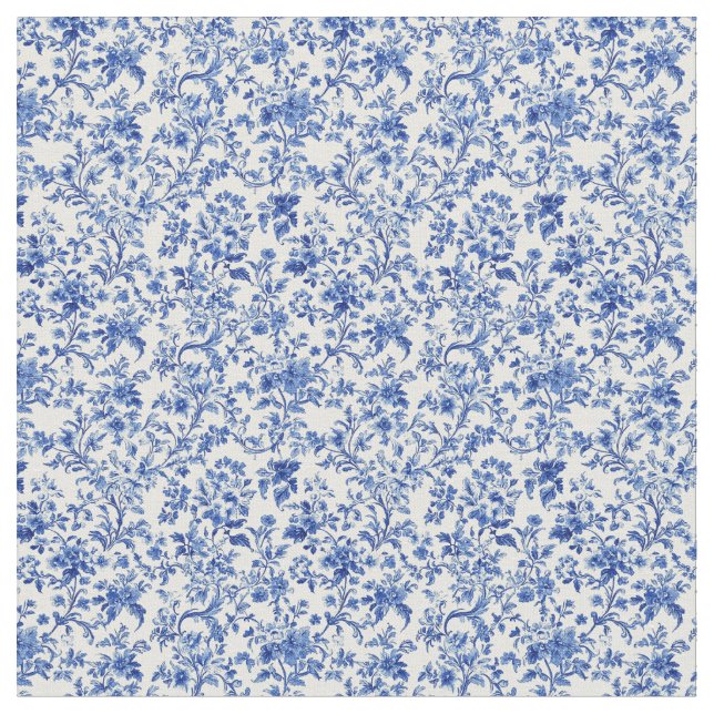 Blue Toile Floral Vine Pattern Fabric (Close Up)