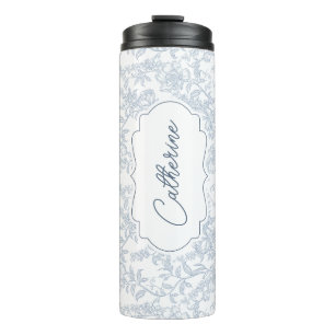 Blue Toile Floral with Script Personalisation Thermal Tumbler