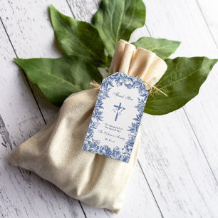Blue Toile Flower Baptism Gift Tag