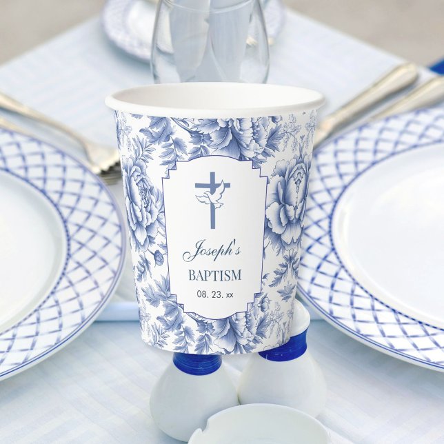 Blue Toile Flower Baptism Paper Cup (Creator Uploaded)