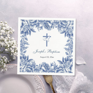 Blue Toile Flower Baptism Paper Napkin