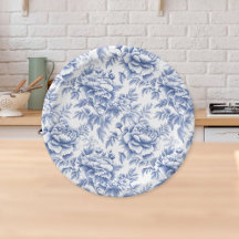 Blue Toile Flower Baptism Paper Plate