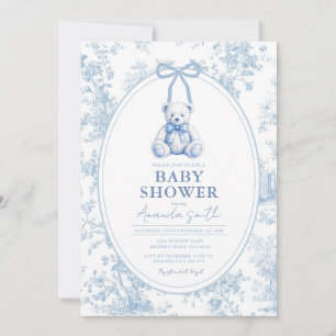 Blue Toile French Bear Baby Shower Invitation