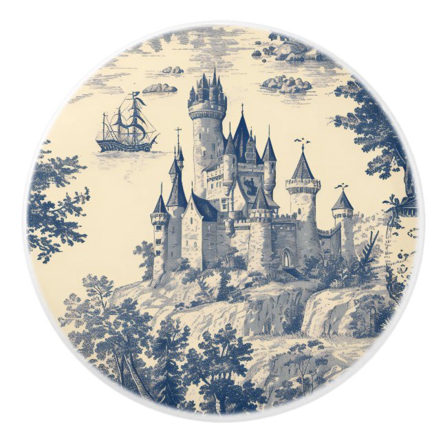 Blue Toile French Castle Ceramic Knob (Front)