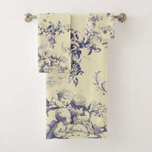 Blue Toile French Country Cherub Pattern Bath Towel Set