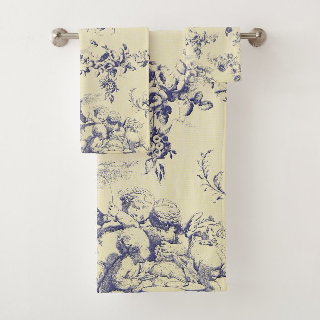 Blue Toile French Country Cherub Pattern Bath Towel Set (Insitu)