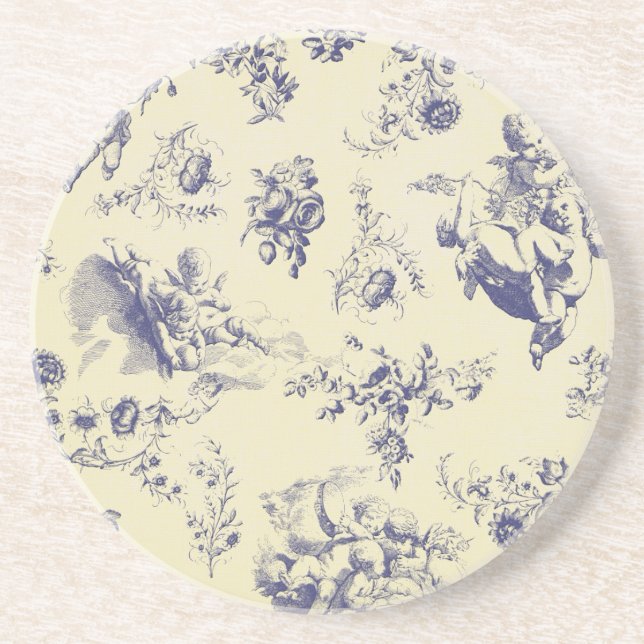 Blue Toile French Country Cherub Pattern Coaster (Front)