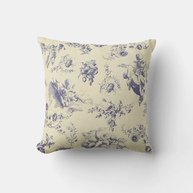 Blue Toile French Country Cherub Pattern Cushion (Front)
