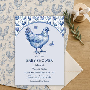 Blue Toile French Country Chicken Baby Shower Invitation