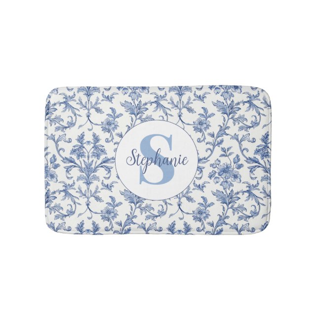 Blue Toile French Monogram Name Floral Pattern Bath Mat (Front)