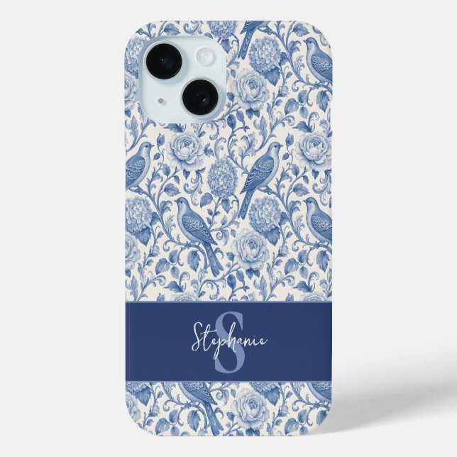 Blue Toile French Monogram Name Floral Pattern Case-Mate iPhone Case (Back)