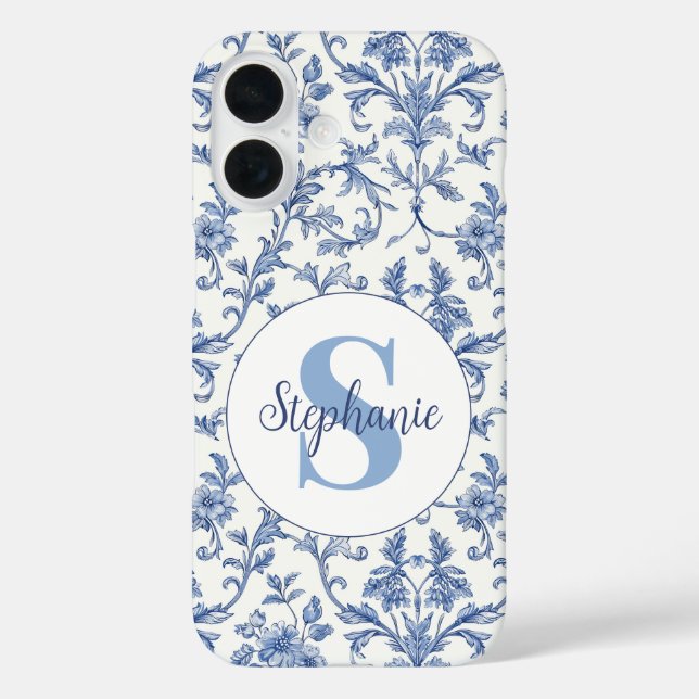 Blue Toile French Monogram Name Floral Pattern Case-Mate iPhone Case (Back)
