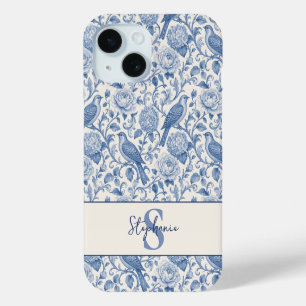 Blue Toile French Monogram Name Floral Pattern iPhone 15 Case