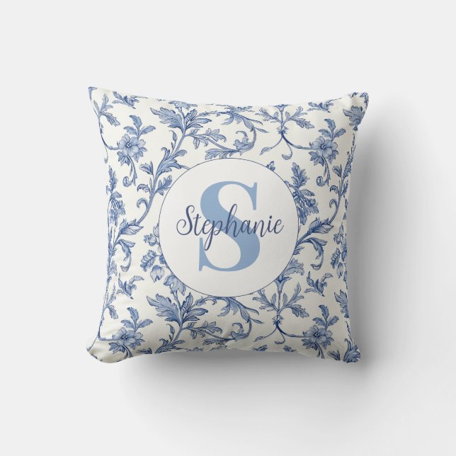 Blue Toile French Monogram Name Floral Pattern Cushion (Front)