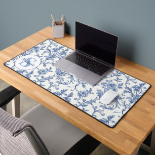 Blue Toile French Monogram Name Floral Pattern Desk Mat