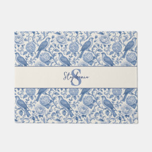 Blue Toile French Monogram Name Floral Pattern Doormat