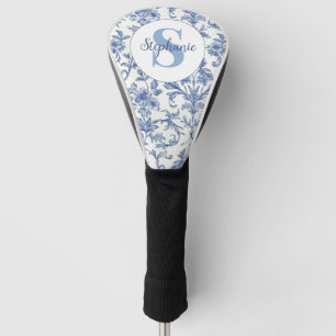 Blue Toile French Monogram Name Floral Pattern Golf Head Cover
